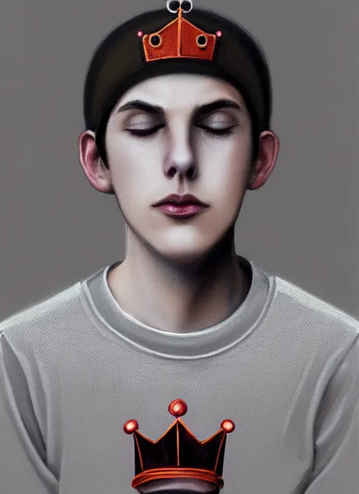 Image similar to portrait of teenage jughead jones wearing a light grey crown, photorealistic, crown, eyes closed, crown, black hair, sweater with letter s on it, letter s, intricate, elegant, glowing lights, highly detailed, digital painting, artstation, concept art, smooth, sharp focus, illustration, art by wlop, mars ravelo and greg rutkowski