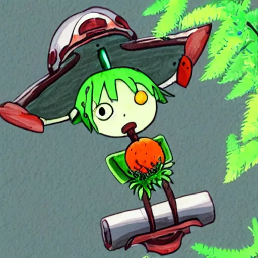 Image similar to little happy robot made of plants with big tomato hat and a carrot sword, made in abyss style