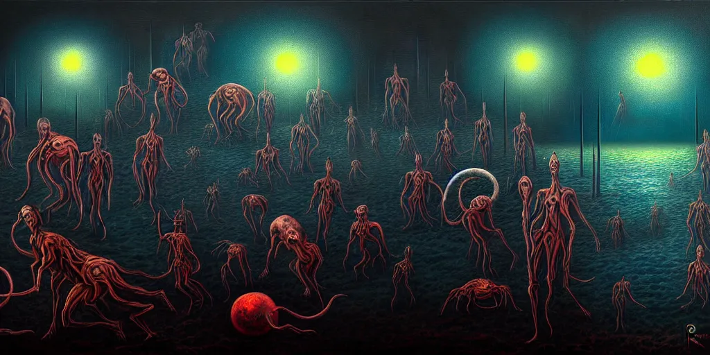 Image similar to creatures lurking in the collective unconscious, in a dark surreal painting by ronny khalil