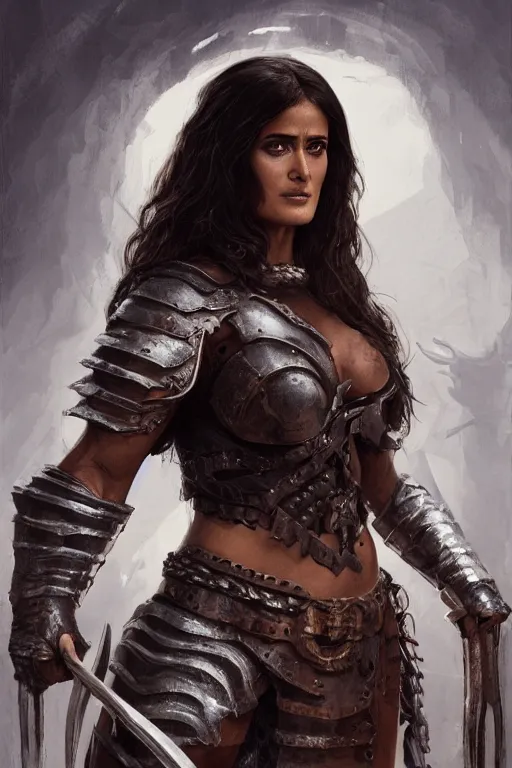 Image similar to portrait, Salma Hayek , barbarian , dressed in leather armor, face portrait, raphael lacoste, eddie mendoza, alex ross, concept art, matte painting, highly detailed, rule of thirds, dynamic lighting, cinematic, detailed, denoised, centred