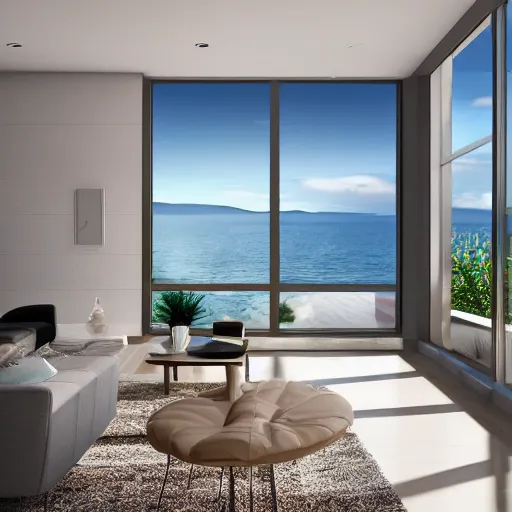 Image similar to modern contemporary interior home design, living room with window facing the sea and sun, photorealistic, ultra - detailed, 4 k high resolution, hdr shot, unreal engine rendering