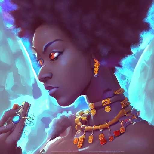 Image similar to afro - cyberpunk deities and their creations, gods and men, manifesting dreams with ancestral magic in a modern world | hyperrealistic oil painting | by makoto shinkai, ilya kuvshinov, lois van baarle, rossdraws, basquiat | afrofuturism, in the style of hearthstone, trending on artstation | dark color scheme