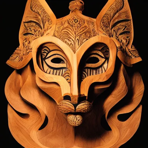 Prompt: a portrait of a beautiful persian male wearing a kitsune mask carved in wood by iris van herpen,