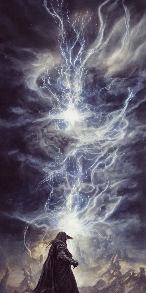 Prompt: a medieval peasant wizard casting a spell of flares and glimpses anamorphic in the night during a stormcloud with dramatic airbrushed clouds over black background by Luis royo and Yoshitaka Amano intricated flares airbrush fantasy 80s, realistic masterpiece