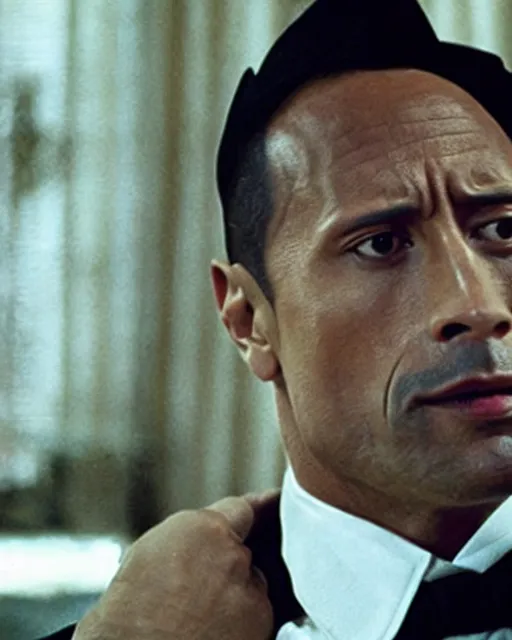 Image similar to film still close up shot of dwayne johnson as vito corleone from the movie the godfather. photographic, photography