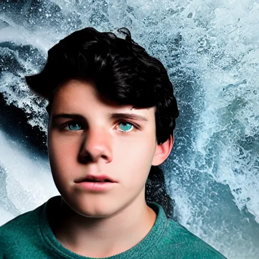 Image similar to photograph of a teenage boy with black hair and sea green eyes standing in the eyes of a Hurricane as waves and water crash around him