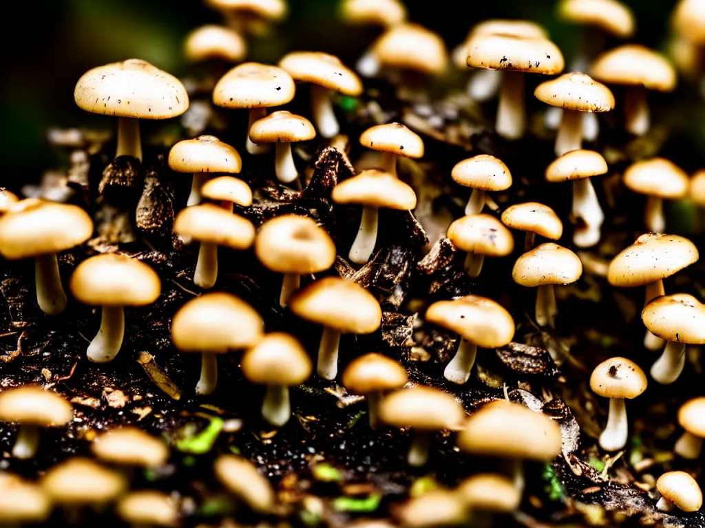 Prompt: macro photo of 1 5 tiny mushrooms in the forest sharp focus