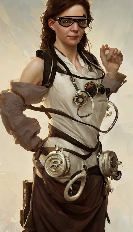 Prompt: crazy inventor, sweaty, white dity apron, goggles, insane, intricate, highly detailed, digital painting, artstation, concept art, smooth, sharp focus, illustration, Unreal Engine 5, 8K, art by artgerm and greg rutkowski and alphonse mucha