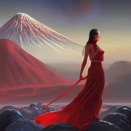 Prompt: luxury advertisement, a highly detailed epic cinematic concept art CG render digital painting artwork of a woman in a red dress posing in front of an erupting volcano. By Greg Rutkowski, Ilya Kuvshinov, WLOP, Stanley Artgerm Lau, Ruan Jia and Fenghua Zhong, trending on ArtStation, made in Maya, Blender and Photoshop, octane render, excellent composition, cinematic atmosphere, dynamic dramatic cinematic lighting, aesthetic, very inspirational, arthouse