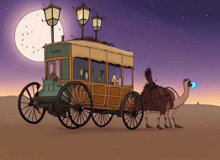 Image similar to a cell shaded cartoon of a stagecoach being pulled by two emu's from howl's moving castle ( 2 0 0 4 ), on a desert road, lamp posts, in front of a pale full moon, full body, wide shot, very dull muted colors, studio ghibli, laurie greasley, highly detailed, deviantart, art by artgem