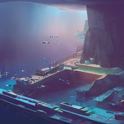 Image similar to underwater spy facility in atlantic the hidden city, intricate artwork, by tooth wu, wlop, beeple, dan mumford. concept art, octane render, trending on artstation, greg rutkowski very coherent symmetrical artwork. key art, high detail, octane render, 8 k, iridescent accents