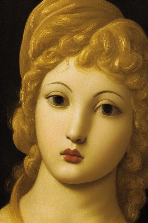 Image similar to Beautiful girl, calm face, closeup, ultra detailed, made in gold, Guido Reni style