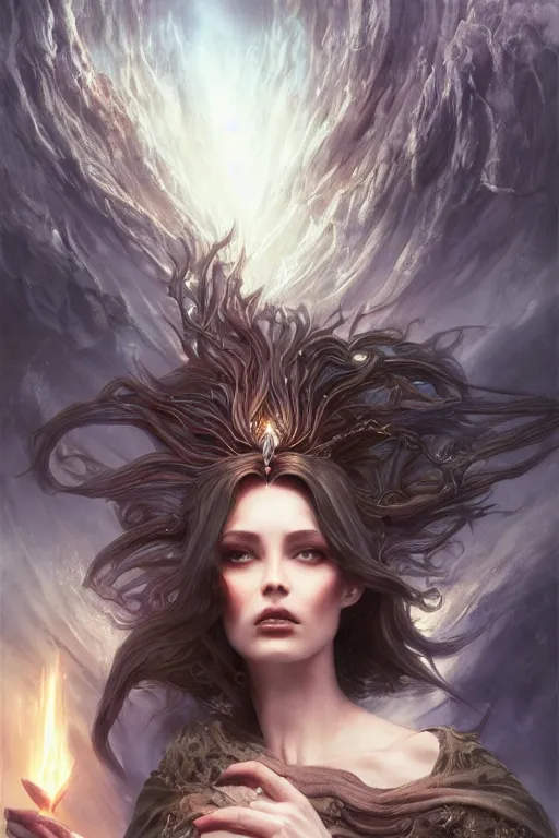 Image similar to seductive looking sorceress prays!!! magic the gathering, windy hair!, surreal dark fantasy, cinematic volumetric lights, portrait, dnd, intricate, elegant, highly detailed, digital painting, artstation, concept art, smooth, sharp focus, illustration, art by artgerm and tom bagshaw and greg rutkowski and alphonse mucha