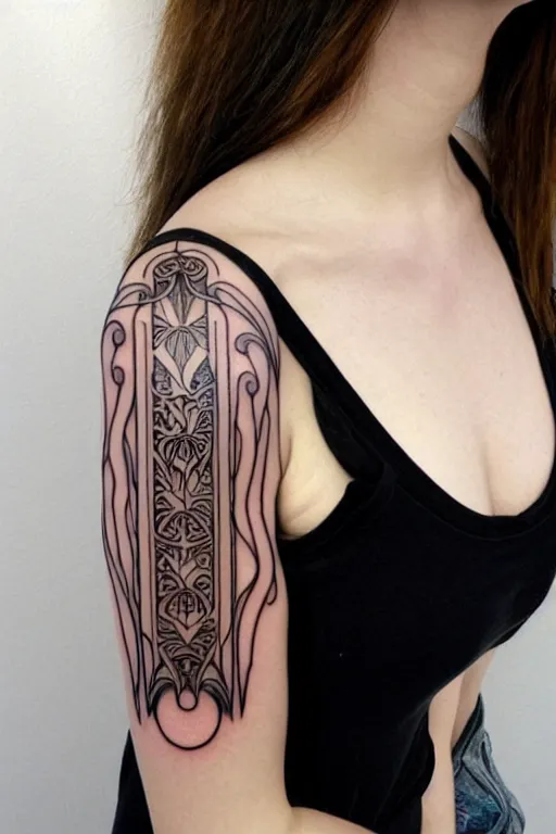 Prompt: straight mirrored minimalist art nouveau shoulder tattoo, wide, intricate detail, simple lines, curvy