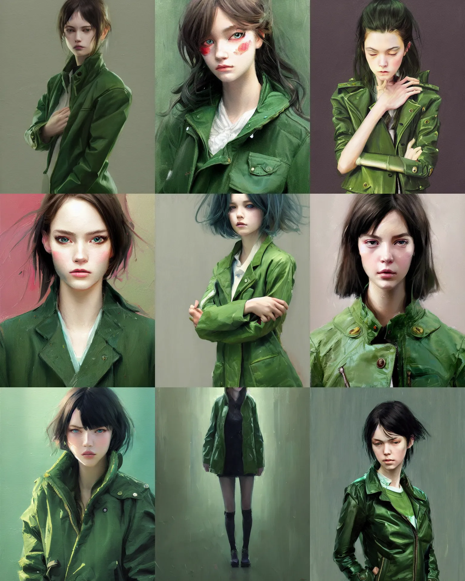 Prompt: a painting of a fully dressed girl wearing a jacket upper body with beautiful green eyes, highly detailed, digital painting, artstation, sharp focus, dreamy illustration, art by katsuhiro otomo ghost - in - the - shell, artgerm, jeremy lipkin and giuseppe dangelico pino and michael garmash and rob rey