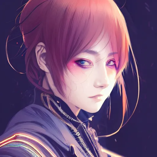 Image similar to by kyoto animation, cool girl wearing cyberpunk intricate streetwear, beautiful, detailed symmetrical close up portrait, intricate complexity, in the style of artgerm and ilya kuvshinov, cell shaded, 4 k, concept art, by wlop, krenz cushart, greg rutkowski, pixiv. cinematic dramatic atmosphere, cinematic lighting, studio quality