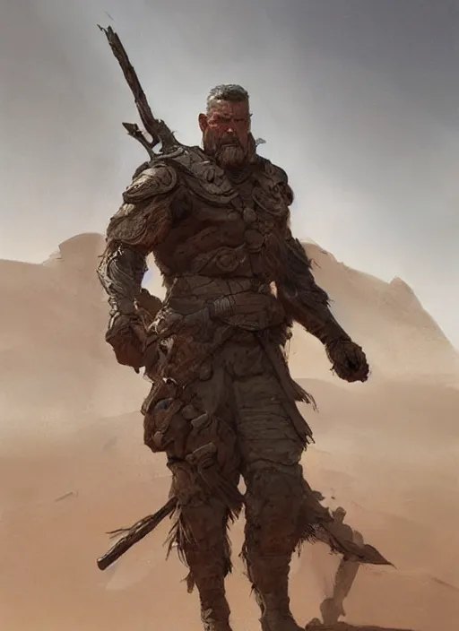 Prompt: detailed concept illustration, strong muscular older soldier roaming through desert, sharp focus, illustration, highly detailed, digital painting, concept art, matte, art by wlop and artgerm and greg rutkowski, masterpiece