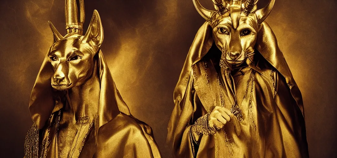 Prompt: displeased Anubis wearing a gilded robe, in the style of Lee Jeffries 8k