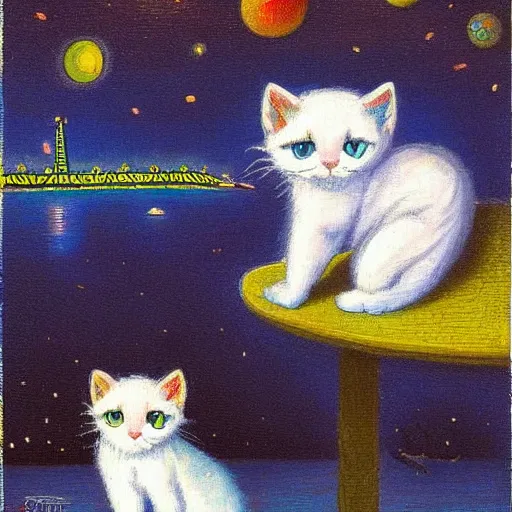 Image similar to a small sad white kitten at fisherman's wharf in San Francisco, fantasy illustration, Louis William Wain