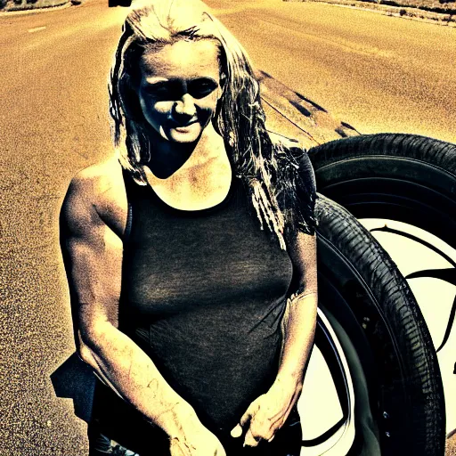Prompt: side car, bodybuilder, woman, holding, road, photo, digital art, hands, underbody, tire, standing