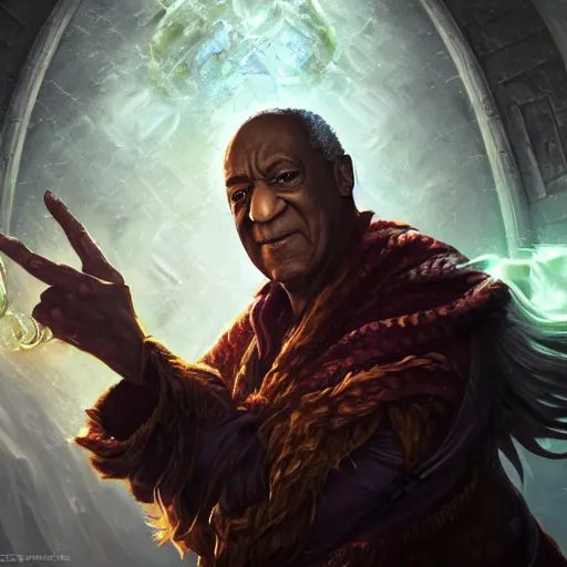 Image similar to portrait of bill cosby as a spellcaster, league of legends amazing splashscreen artwork, legends of runeterra, splash art, natural light, elegant, photorealistic facial features, intricate, fantasy, detailed face, atmospheric lighting, anamorphic lens flare, cinematic lighting, league of legends splash art, hd wallpaper, ultra high details by greg rutkowski