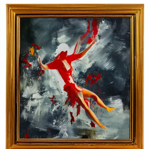 Image similar to a dynamically posed rendered in an expressive fashion showing movement with paint splashes