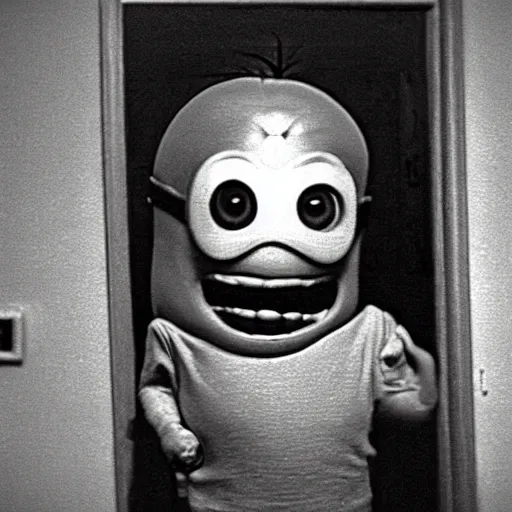 Image similar to realistic photograph of a creepy evil minion, if it were a real person, accidentally caught on camera in a old house, in the 8 0's