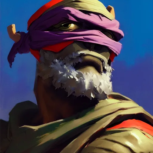 Image similar to Greg Manchess portrait painting of Donatello of TMNT as Overwatch character, medium shot, asymmetrical, profile picture, Organic Painting, sunny day, Matte Painting, bold shapes, hard edges, street art, trending on artstation, by Huang Guangjian and Gil Elvgren and Sachin Teng