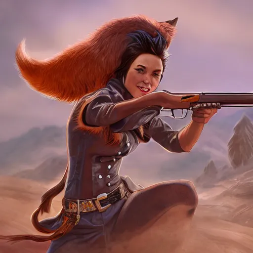 Image similar to a beautiful, dynamic illustration of an anthropomorphic fox - woman running and gunning with a winchester rifle, wild west theme, focal depth, highly detailed digital art, trending on artstation, 8 k,