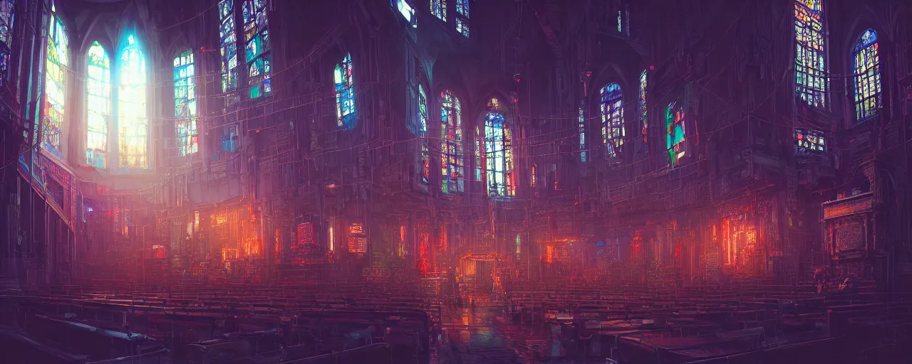 Prompt: A cyberpunk church, by Naomi Okubo, landscape, dramatic lighting, high contrast colors, panoramic view, as trending on Artstation, highly detailed,