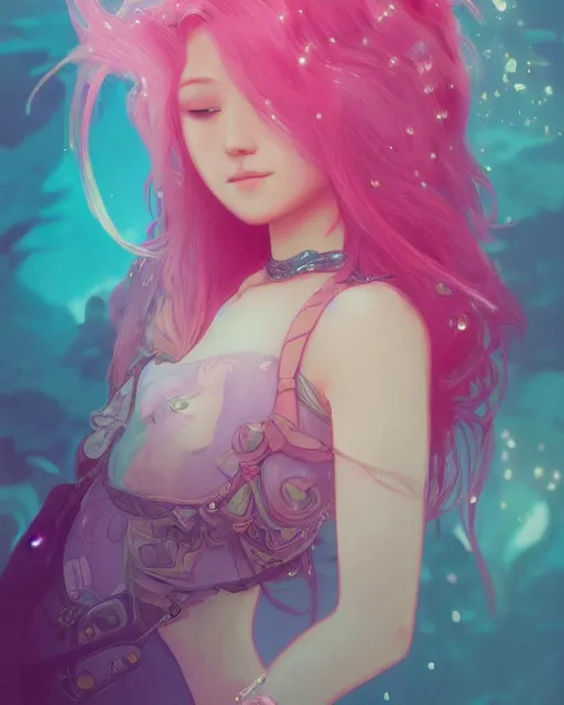 Image similar to beautiful girl pink blob hair, cute, intricate, highly detailed, digital painting, trending on artstation, concept art, smooth, sharp focus, backlit, rim light, vivid colors, illustration, unreal engine 5, 8 k, art by rossdraws and alphonse mucha