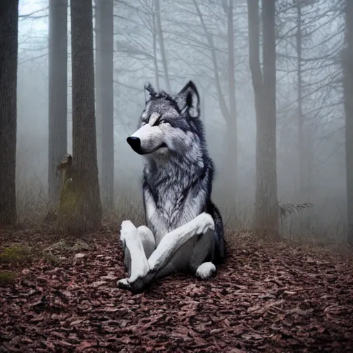 Image similar to realistic wolf fursuit, meditating in the forest, in the morning, fog, ambient light, photo