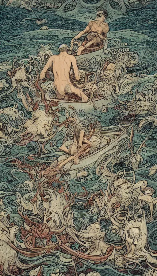 Image similar to man on boat crossing a body of water in hell with creatures in the water, sea of souls, by james jean,