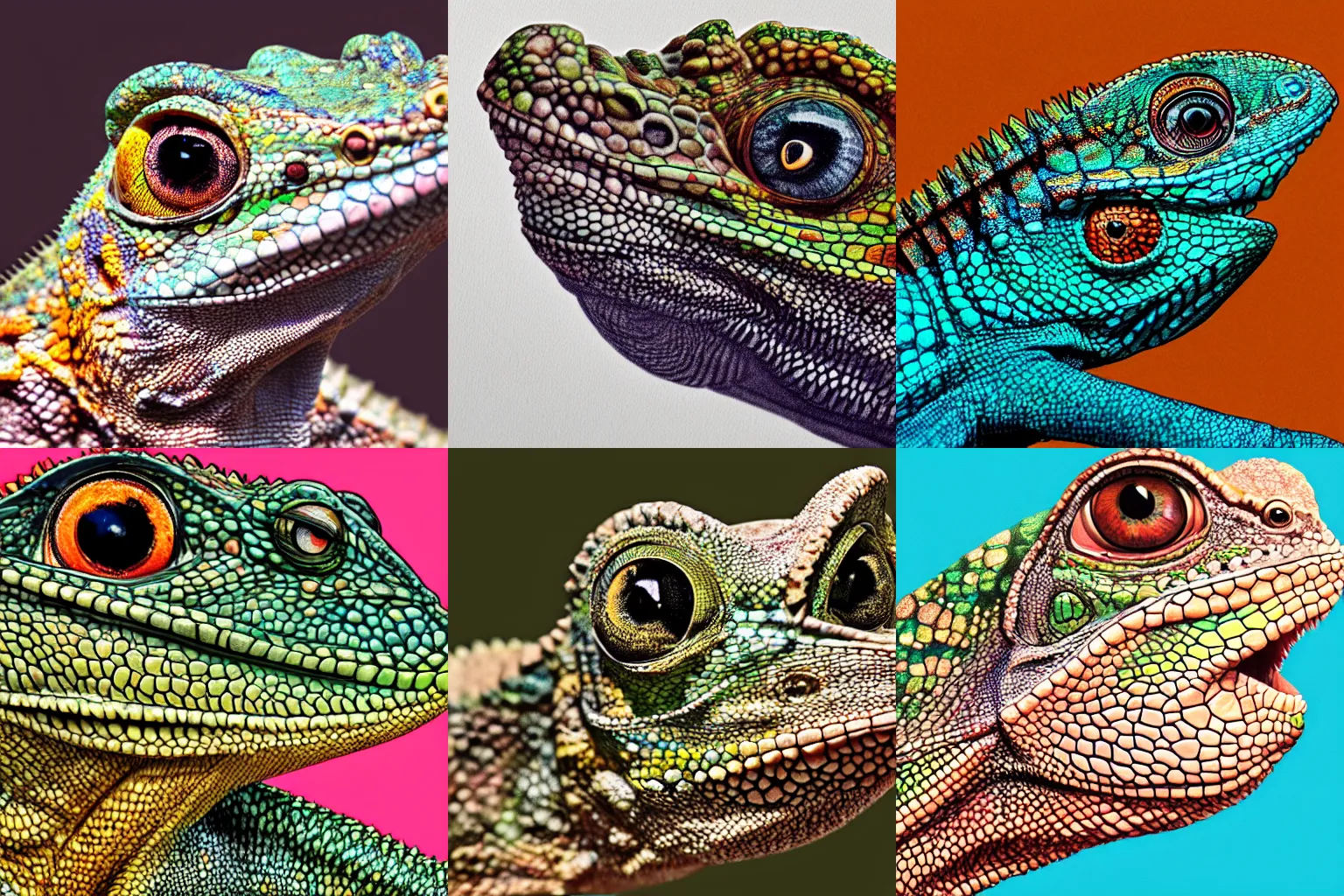 Prompt: detailed face of a chameleon lizard, selfie, illustration