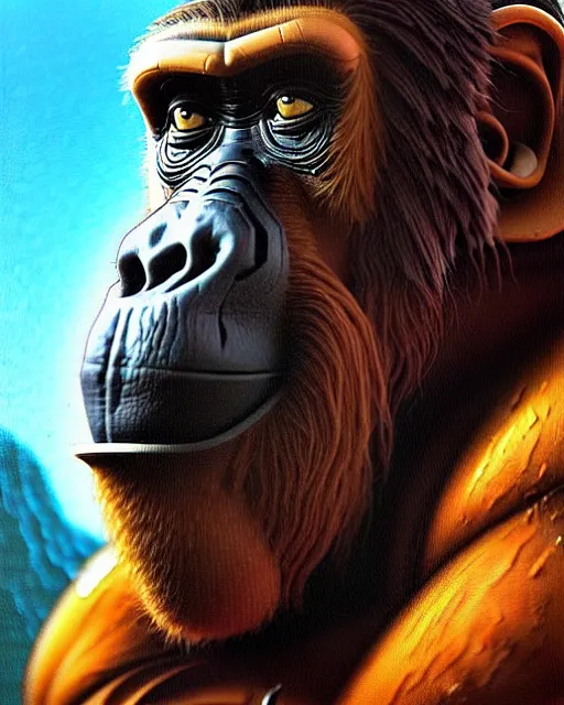 Image similar to winston the ape from overwatch, character portrait, portrait, close up, concept art, intricate details, highly detailed, vintage sci - fi poster, retro future, in the style of chris foss, rodger dean, moebius, michael whelan, and gustave dore