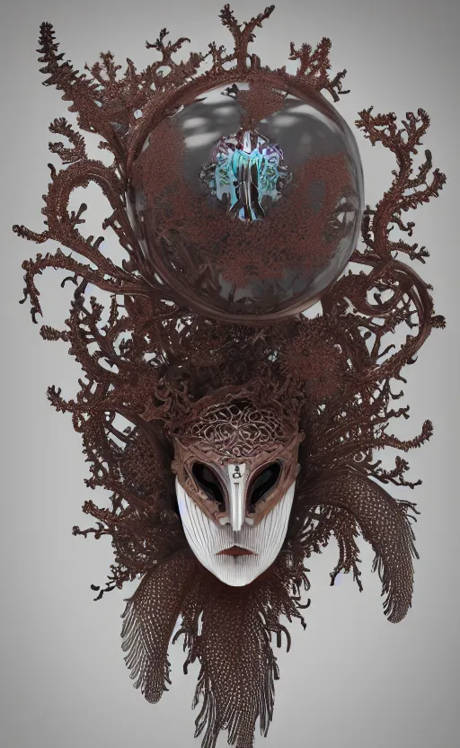 Prompt: intricate gothic porcelain mask, eagle coral, jelly fish, feathers, mandelbulb 3 d, fractal flame, octane render, cyborg, biomechanical, futuristic, by ernst haeckel