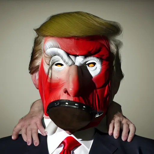 Image similar to donald trump in a straightjacket wearing hannibal mask