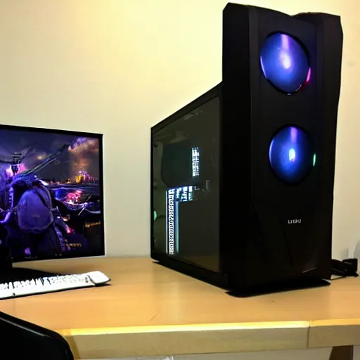 Prompt: giant gaming pc in room with monitor