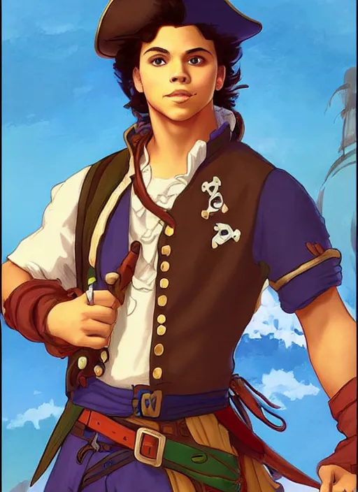 Image similar to cute jake t. austin as a pirate captain. parrot on his shoulder, natural lighting, path traced, highly detailed, high quality, digital painting, by don bluth and ross tran and studio ghibli and alphonse mucha, artgerm