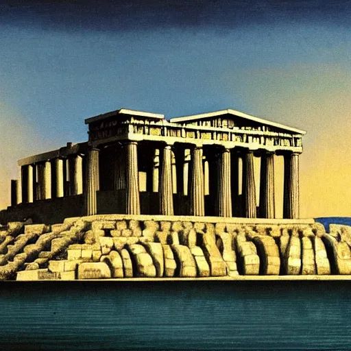 Prompt: A artwork of Acropolis at the end of the world by de Chirico.