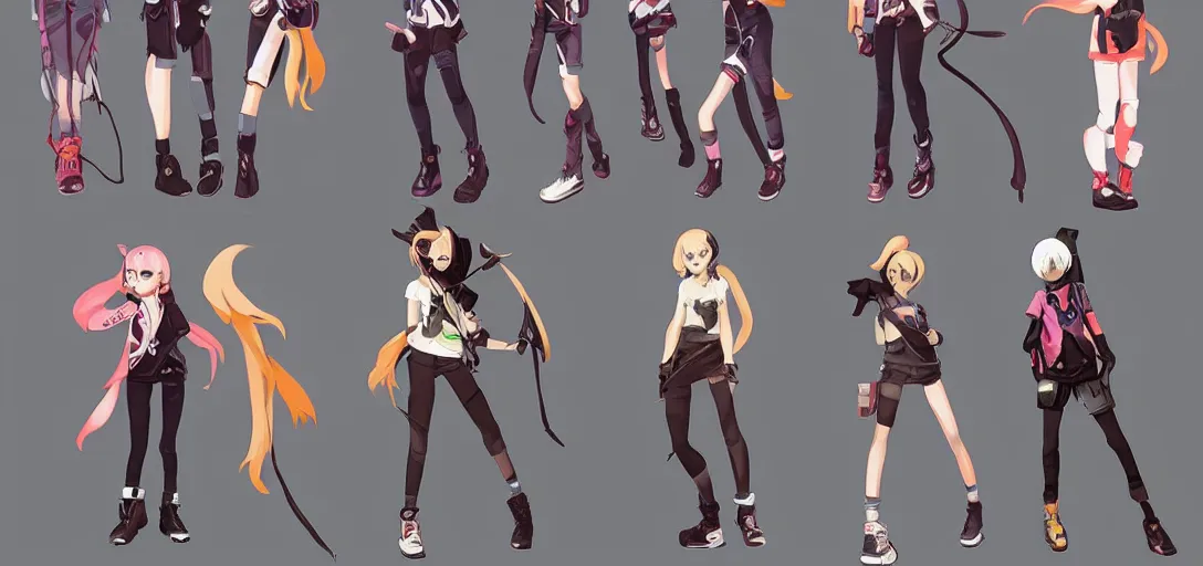 Prompt: character sheet concept art of female video game characters inspired by flcl, unique silhouettes, cute casual streetwear, by marc brunet and artgerm