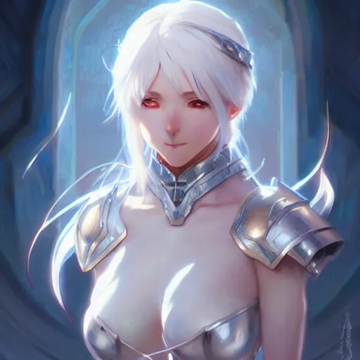 Prompt: anime girl, light armor, full body, white hair, d & d, fantasy, detailed eyes, intricate, backlit, realistic lighting, elegant, highly detailed, digital painting, artstation, concept art, smooth, sharp focus, illustration, art by artgerm, greg rutkowski, alphonse mucha