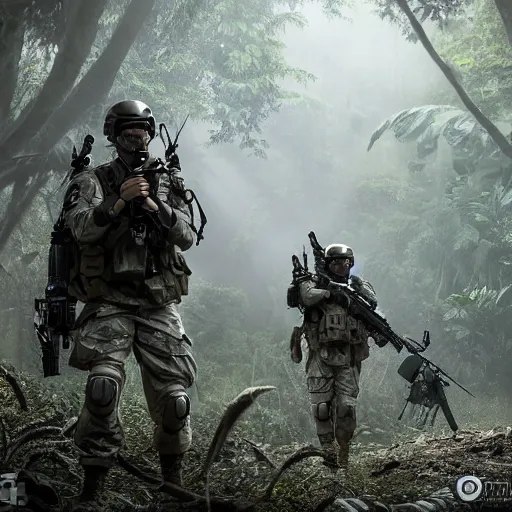 Image similar to Mercenary Special Forces soldiers in light grey uniforms with black armored vest and helmet escorting a VIP in the jungles of Tanoa, combat photography by Feng Zhu, highly detailed, excellent composition, cinematic concept art, dramatic lighting, trending on ArtStation