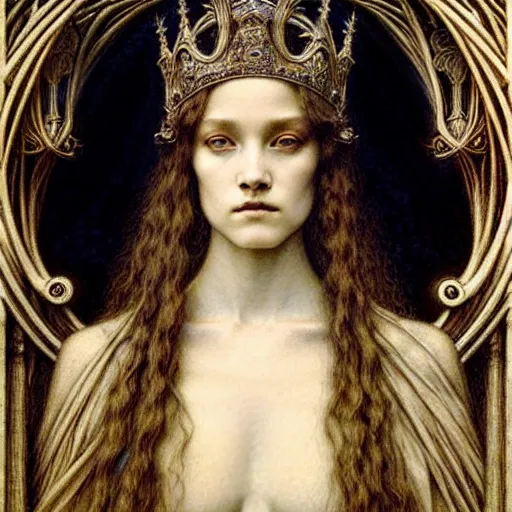 Image similar to detailed realistic beautiful young medieval queen portrait by jean delville, gustave dore and marco mazzoni, art nouveau, symbolist, visionary, gothic, pre - raphaelite, horizontal symmetry