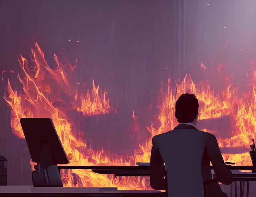 Image similar to a man sit at a workstation in a big office and looks at the burning fires, close up, featured in artstation, intricate, ultra detailed, unreal engine, concept art, wide - angle lens, sharp focus, illustration, 8 k