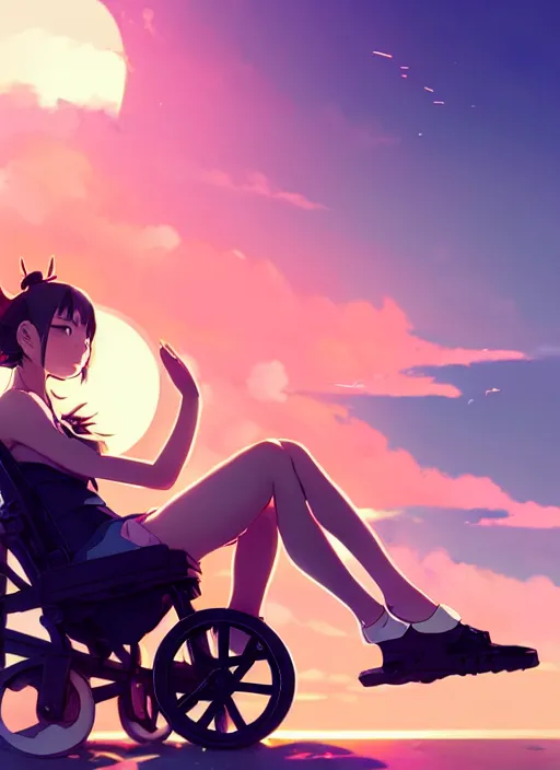 Prompt: side portrait of cute girl, sunset sky in background, beach landscape, illustration concept art anime key visual trending pixiv fanbox by wlop and greg rutkowski and makoto shinkai and studio ghibli and kyoto animation, futuristic wheelchair, symmetrical facial features, future clothing, realistic anatomy, backlit