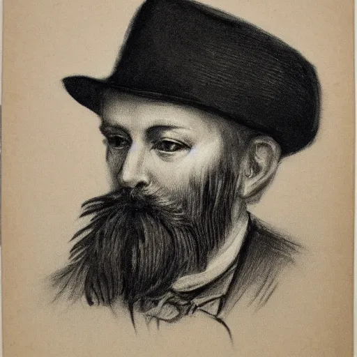 Image similar to charcoal portrait of an early 20th century old austrian gentleman, hat, beard