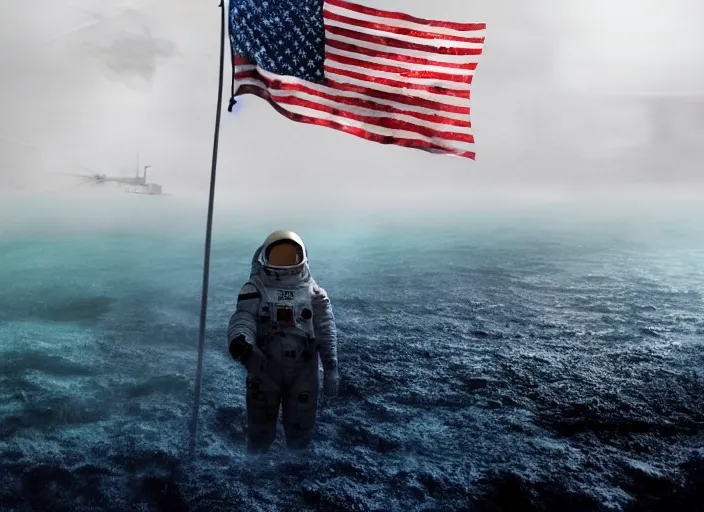 Image similar to astronaut holding a flag in an underwater desert. a submarine is visible in the distance. dark, concept art, cinematic, dramatic, atmospheric, 8 k, trending on artstation, blue, fish, low visibility, fog, ocean floor, christopher nolan, interstellar