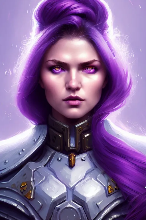 Image similar to alexey gurylev, close up portrait, pale woman in power armor with purple hair, mysterious, deep focus, d & d, fantasy, complex, elegant, highly detailed, digital painting, artstation, concept art, matte, clear focus, illustration, hearthstone, artgerm art, greg rutkovsky and alphonse mucha