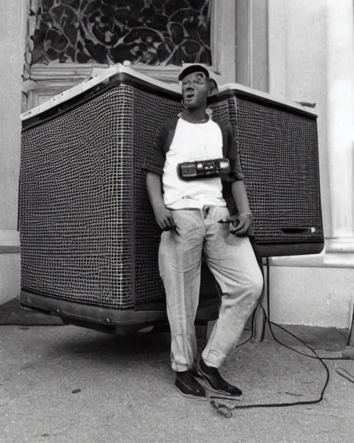 Prompt: a vintage photo of a man with a boombox instead of a head